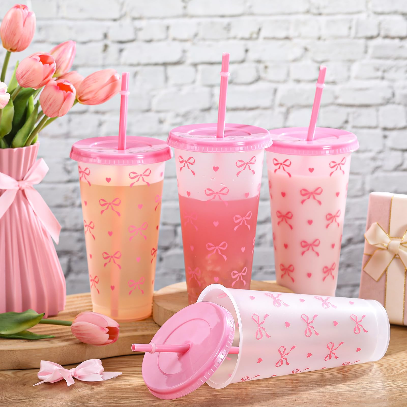 Reallnaive 12 Pcs Pink Bow Plastic Cups with Lids and Straws 24 oz Reusable Coquette Bow Tumbler Aesthetic Drinking Coffee Cup for Women Birthday Wedding Bridal Shower Party Supplies