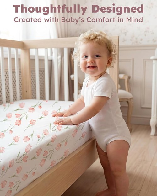 Baby Crib Sheets - Soft Breathable Microfiber Fitted Sheets for Standard Crib | 2-Pack Pink Tulips, 52" x 28"