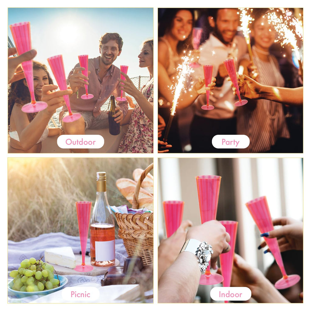 Party Essentials 20 Count Hard Plastic Twopiece 5 oz Champagne Flutes, Neon Pink