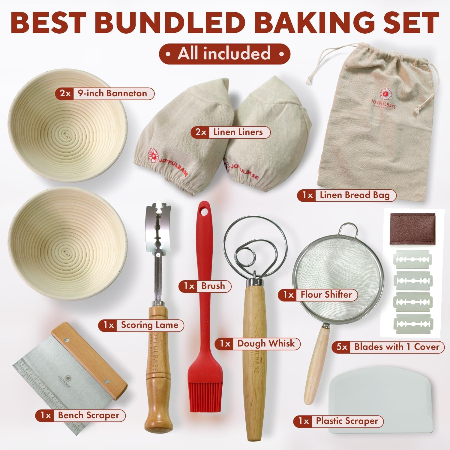 Banneton Bread Proofing Basket Set - 9-Inch Round Sourdough Starter Kit with Tools & Linen Bag