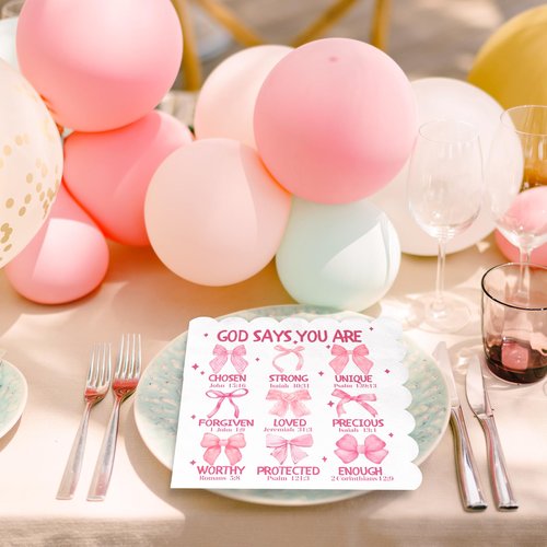 JarThenaAMCS 100Pcs Pink Bow Bible Napkins Jesus Faith Disposable Napkins Scalloped Edge Paper Luncheon Dinner Napkins for Christian Party Table Supplies