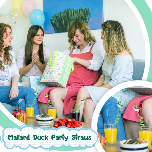 Maxdot 24 Pcs Mallard Duck Drinking Straws with Reusable Plastic Silly Straws for Themed Birthday Supplies Cute Duck Hunting Party Favors