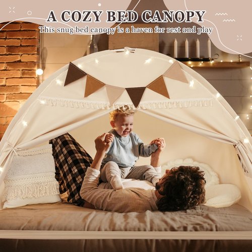 Lanabuna Full Size Bed Tent Canopy, Kids Play Tent with Flags & Star Lights, Canopy on Bed Privacy Space Sleeping Blackout Tents, Indoor Breathable Portable & Foldable, XL-Large Cream Tassels Style