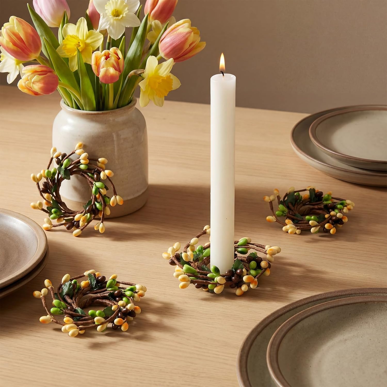 Suncalla Spring Pip Berry Taper Candle Rings - 4 Pcs Mini Artificial Wreaths for Home Decor