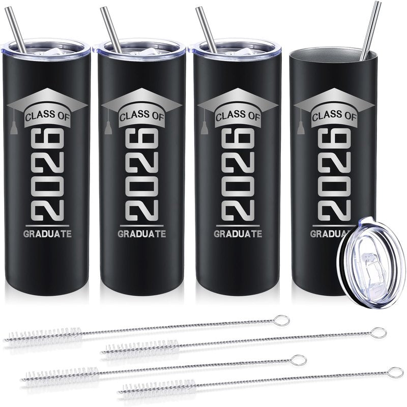Patelai 4 Pcs Graduation Gift Bulk Class of 2026 Tumbler Cups 20oz Water Bottle with Lid Straw Brush Congrats Grad Graduate Gift for Him Her Grad Party Favor(Balck)