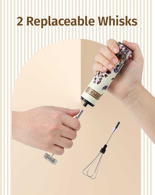 INFOOD Milk Frother - Rechargeable Handheld Coffee Mixer with 2 Detachable Whisks | Vintage Floral Design