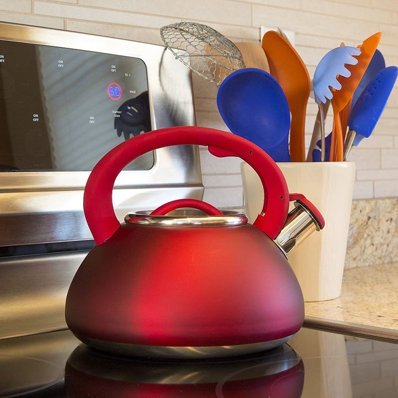 Primula Avalon Whistling Kettle - Whistling Spout, Locking Spout Cover, and Stay-Cool Handle - Stainless Steel - 2.5 Quarts - Matte Red (PAVRE-6225)