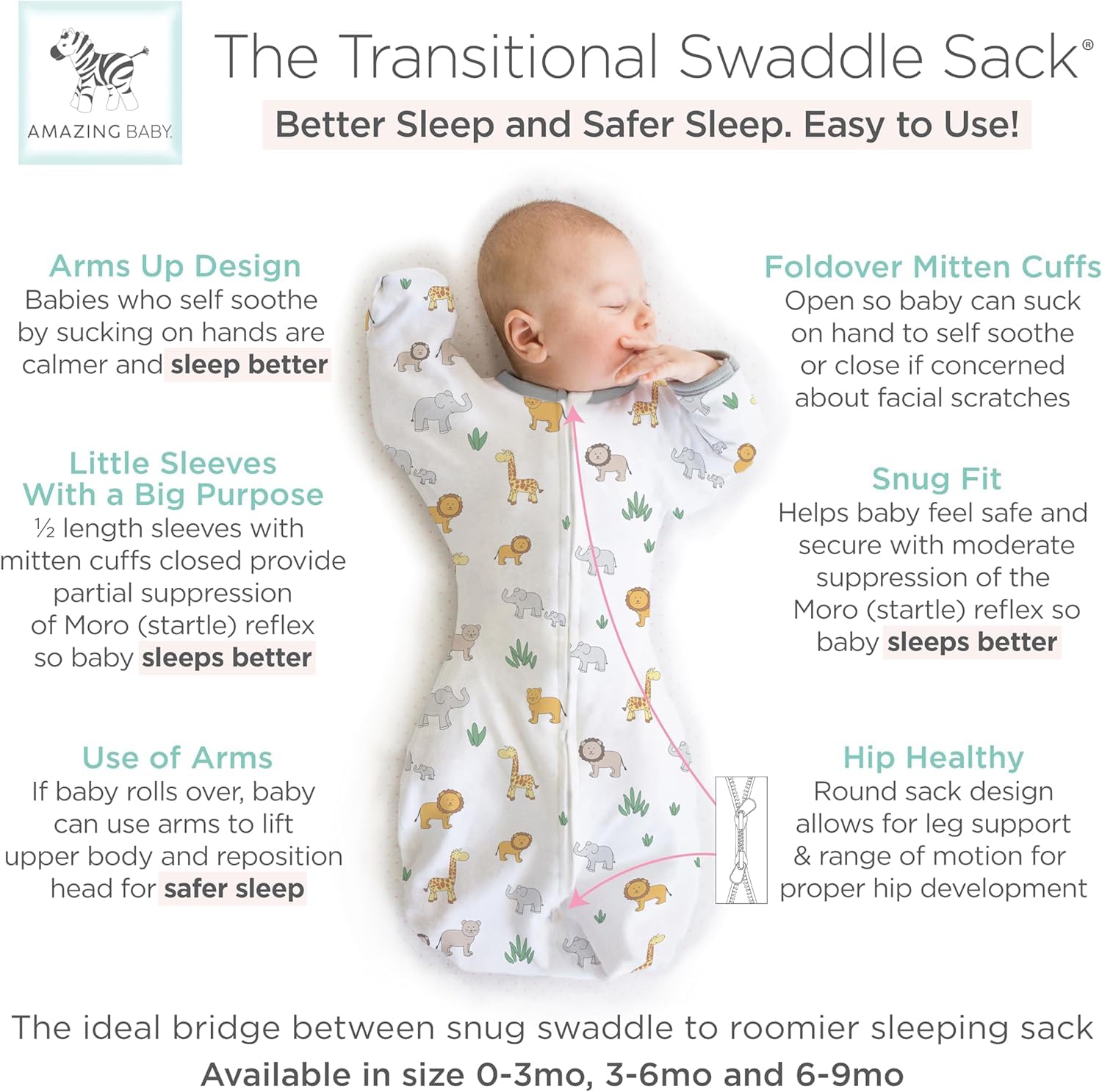 On Safari Amazing Baby Transitional Swaddle Sack - Arms Up Sleeves & Mitten Cuffs, Small 0-3 Months