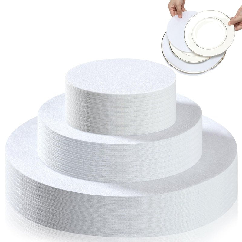 Mixweer Felt Plate Dividers for Plate Storage Set of 120 and 3 Sizes Soft Saucer Protectors Round Pan Separators Protectors Thick Dish Pads for Protecting Stacking Your Cookware(White)