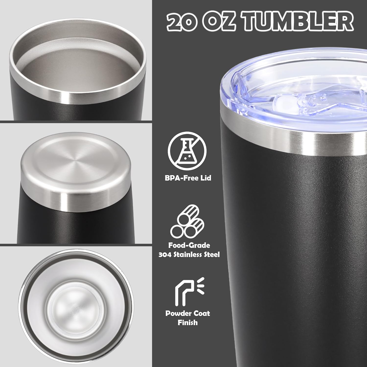 Skiennix 20oz Stainless Steel Tumbler - Vacuum Insulated Travel Mug Set | Durable Black, 8 Pack