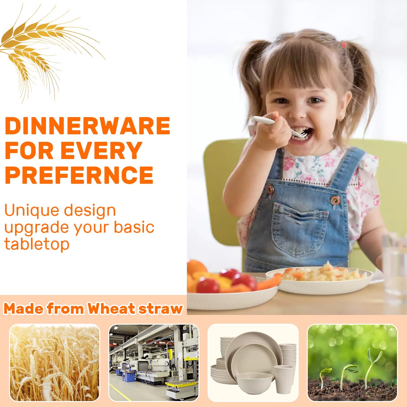 Wheat Straw Dinnerware Sets for 6 (42pcs), SGAOFIEE Unbreakable Dinnerware Set, Kitchen Plates and Bowls Set, Unbreakable Plastic Outdoor Camping Dishes, Dishwasher Microwave Safe, Beige White