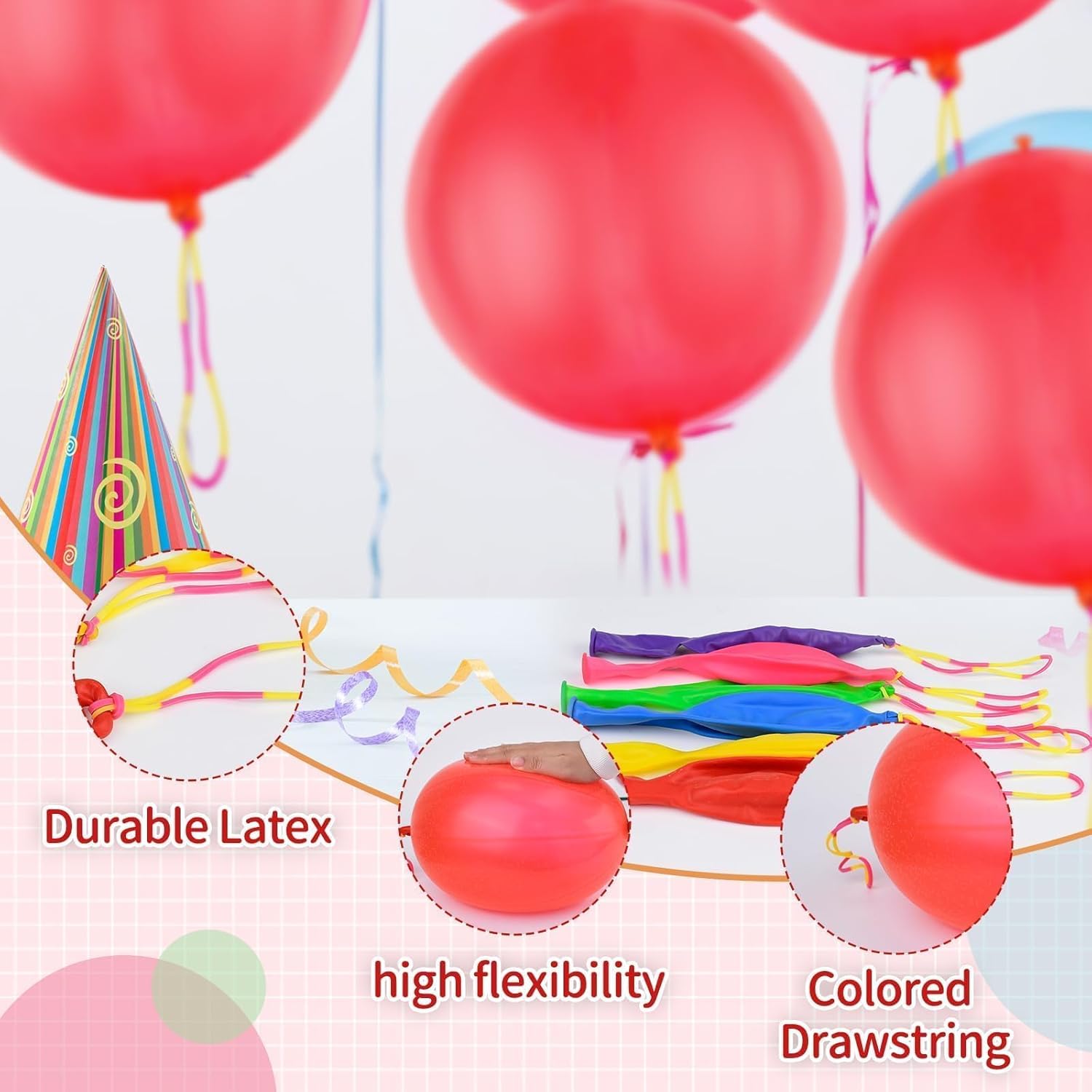 Skiennix 36 Pcs Red Punch Balloons - Easy Grip Rubber Band Handle | Perfect for Kids’ Birthday Parties & Outdoor Fun