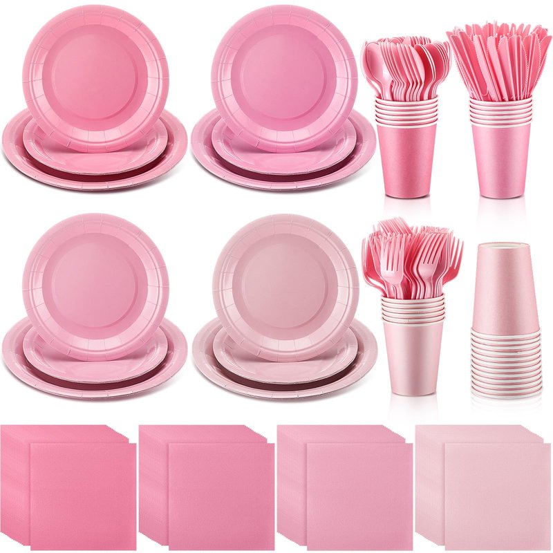 Nuogo 168 Pcs Pink Party Supplies Set Pink Paper Plates Napkins Cups Plastic Spoons Forks Knives Disposable Dinnerware for Birthday Baby Shower Wedding