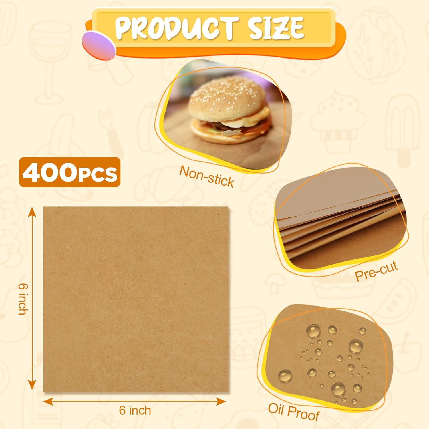 Ninsula 400PCS Patty Paper - 6x6 Inch Unbleached Non-Stick Parchment Squares for Burgers, Baking & Freezing