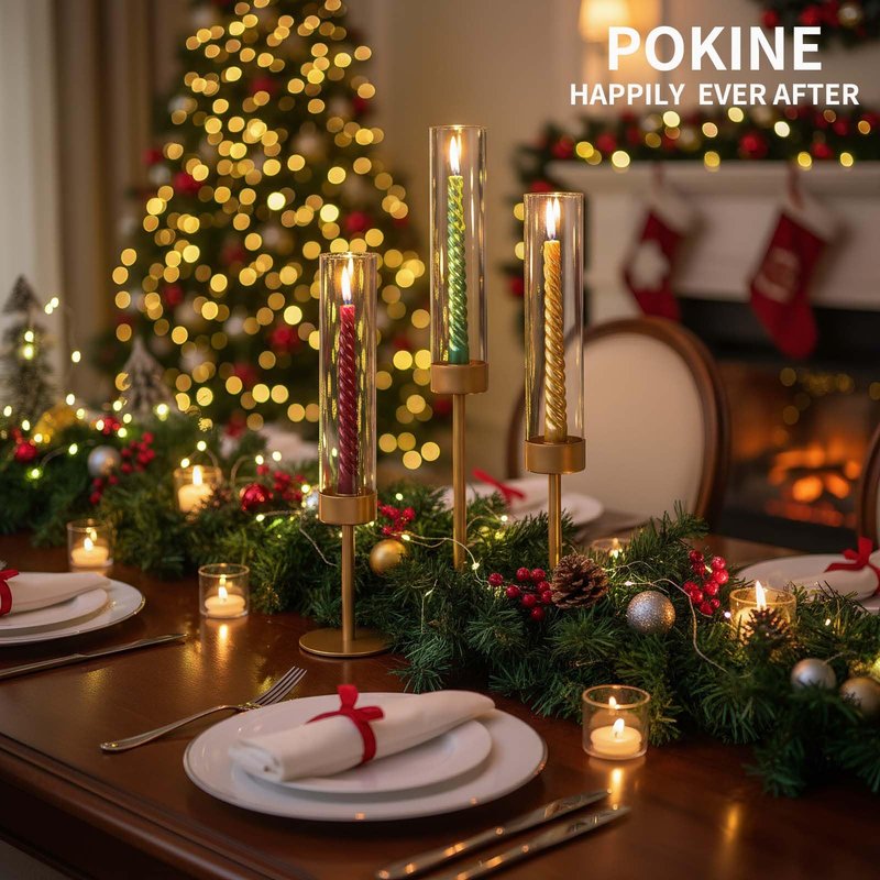 POKINE Set of 6 Gold Candle Holders, Tall Hurricane Candlestick Holders with Glass for Taper and Pillar Candles, Home Decor for Wedding, Christmas, Party, Anniversary, Dining Table