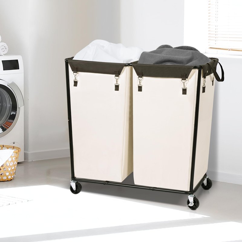 STORAGE MANIAC Commercial Laundry Hamper with Heavy Duty Steel Frame, 74 Gal. Industrial Laundry Basket Cart with Wheels for Hotel, Home, Laundry Room, Big Large Clothes Sorter, 2 Section Beige/Black