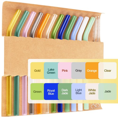 BIEOFFEI 12 Pack Reusable Colored Glass Straws - 9" x 10 MM Bent Glass Drinking Straws with 2 Cleaning Brushes, Thick Straw for Smoothies, Milkshake, Frozen Drinks, Tea, Juice, Iced Coffee