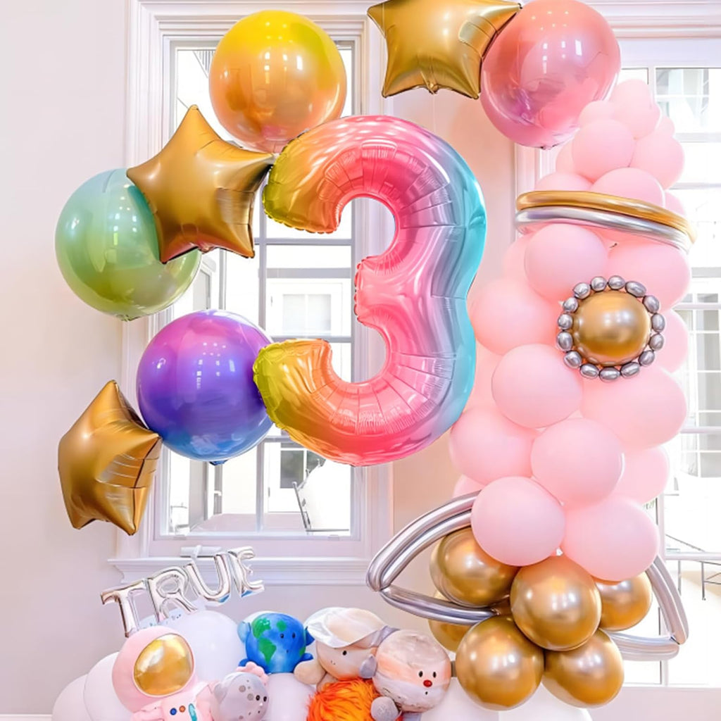 Skiennix 40-Inch Giant Rainbow Number 3 Balloons - Helium Mylar Foil for Birthday Party Decor