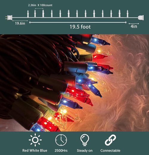 HISHINY Clear White Christmas Lights - 100 Count Indoor/Outdoor Holiday Decor | Red, White & Blue 4th of July