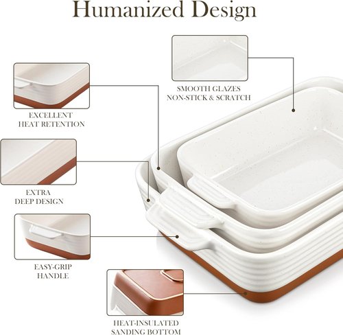 MALACASA Casserole Dishes Set of 3 - Ceramic Baking Pans with Handles | Rectangular Khaki White (14.5''/13''/10.5'')