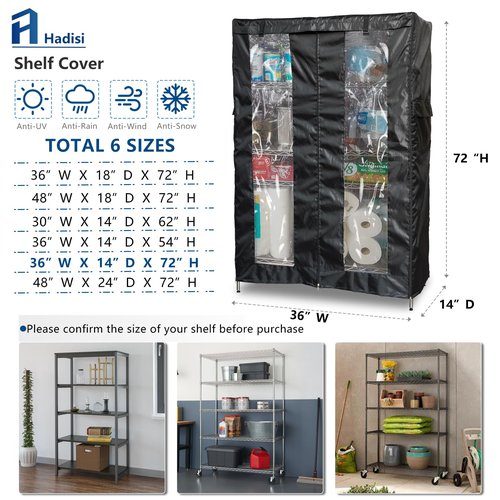 Hadisi Waterproof Shelf Cover,Heavy Duty Dustproof Storage Wire Shelving Unit Cover,Display Rack Cover with Zipper and Perspective Window(Black,Fits 36" W x 14" D x 72" H Shelf).