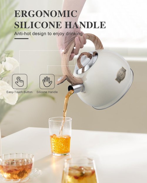 Tea Kettle Stovetop,2.7QT Stainless Steel Whistling Teapot for Stove Top Aesthetic,Portable Water Kettles Camping with Anti-hot Silicone Handle,Suitable for All Heat Sources,Milky White