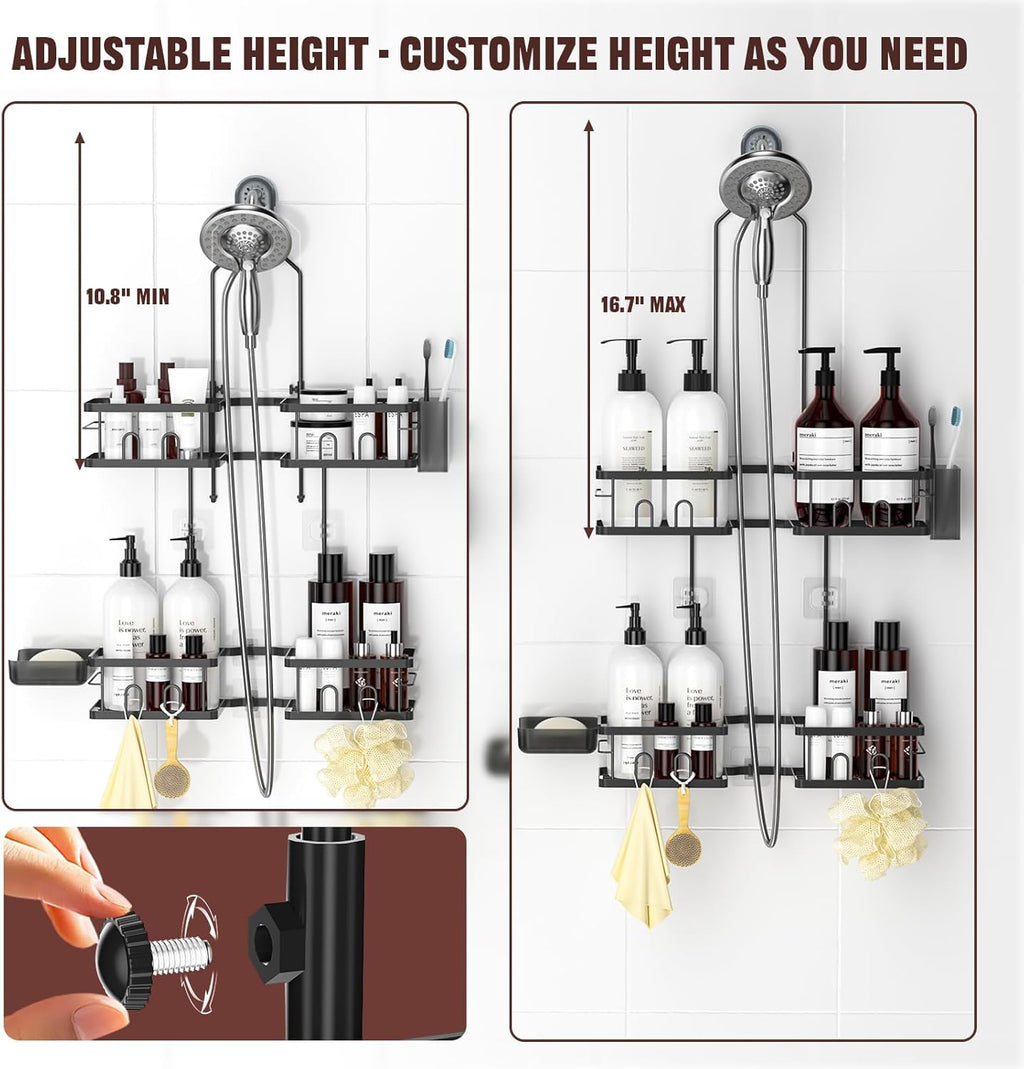 Reinhardt Adjustable Shower Caddy - Rustproof Organizer for Handheld Showerheads | Black with Hooks & Soap Holder