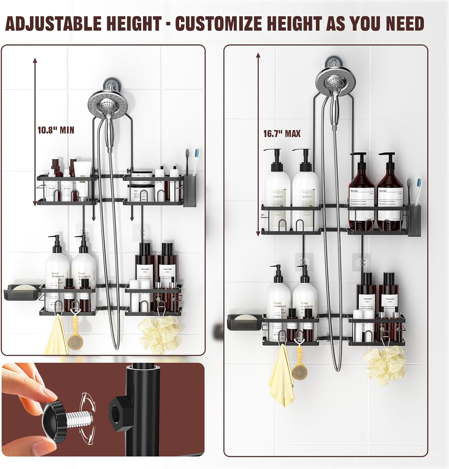 Reinhardt Adjustable Shower Caddy - Rustproof Organizer for Handheld Showerheads | Black with Hooks & Soap Holder