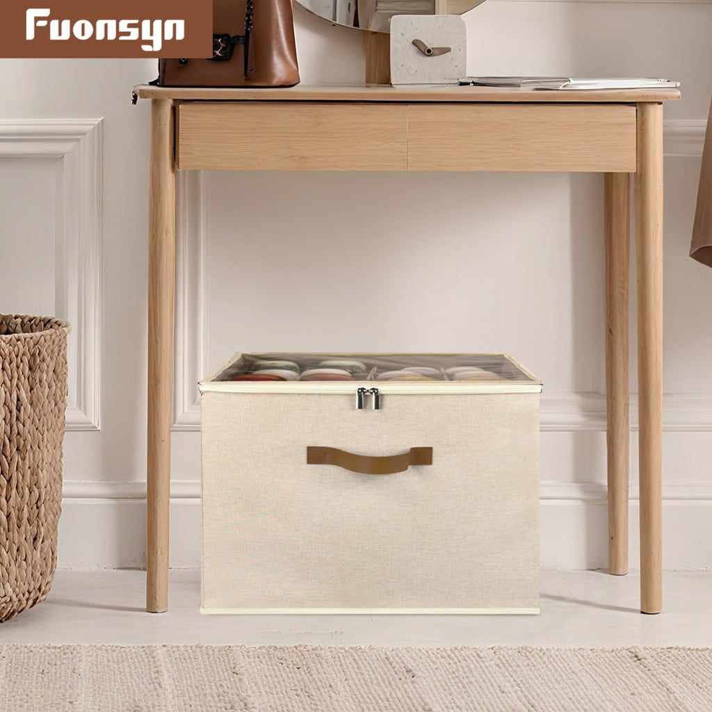 Fuonsyn 2-Pack Shoe Storage Organizer for Closet - Large Capacity Fits 16-32 Pairs, Clear Cover with Reinforced Handles, Adjustable Dividers, Dustproof Stackable Containers, Khaki