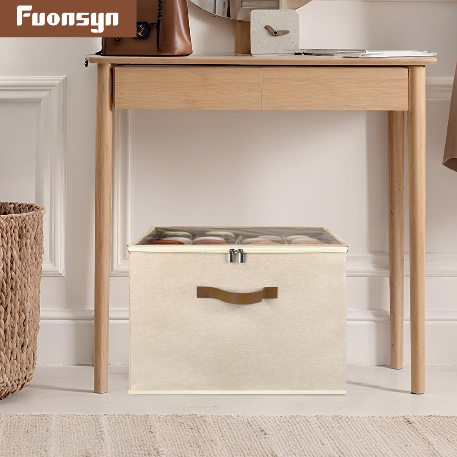 Fuonsyn 2-Pack Shoe Storage Organizer for Closet - Large Capacity Fits 16-32 Pairs, Clear Cover with Reinforced Handles, Adjustable Dividers, Dustproof Stackable Containers, Khaki