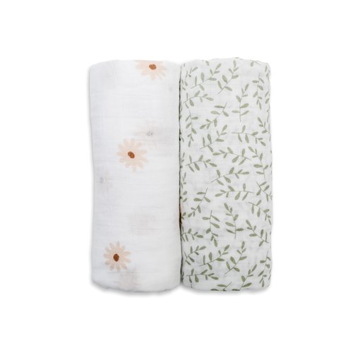 Lulujo Baby Swaddle Blankets | Unisex Softest Breathable Cotton Muslin Swaddle Blanket Set | Neutral Receiving Blanket for Girls & Boys | 40in x 40in | Daisies & Greenery | 2-Count