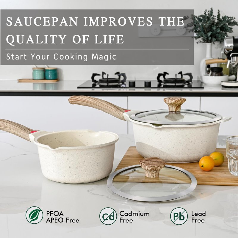 VINCHEF Nonstick Saucepan with Lid, 3QT Sauce Pan with Stay Cool Handle, Non Stick Small Cooking Pots Induction pot, Dishwasher Safe, Compatible for All Stove Top, PFAS and PFOA Free White