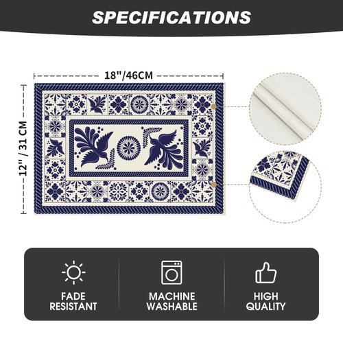 Artoid Mode Talavera Tiles Floral Phoenix Fiesta Mexican Placemats Set of 6, 12x18 Inch Seasonal Fall Holiday Table Mats for Party Kitchen Dining Decoration