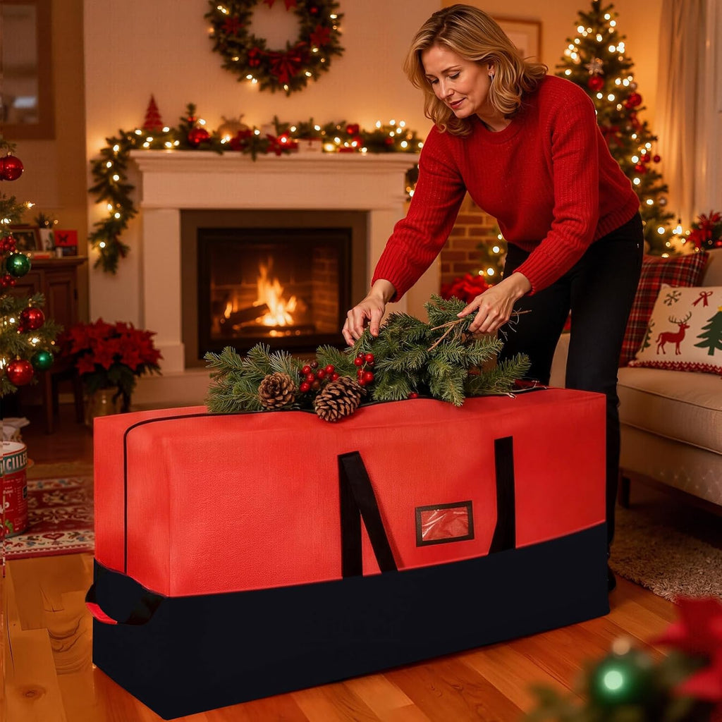 Skiennix Heavy Duty Christmas Tree Storage Bag - Waterproof & Durable for Trees Up to 9ft | Black & Red