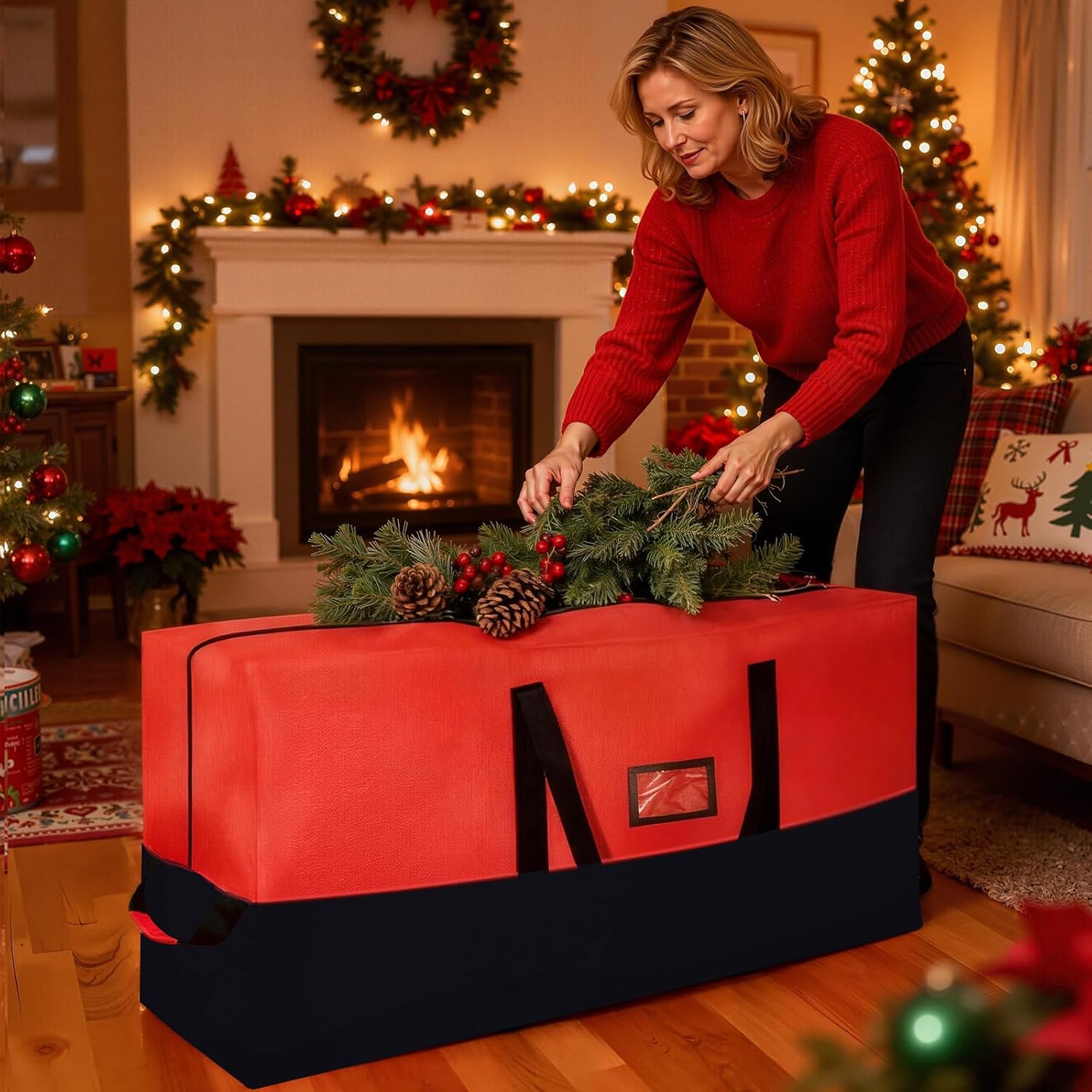 Skiennix Heavy Duty Christmas Tree Storage Bag - Waterproof & Durable for Trees Up to 9ft | Black & Red