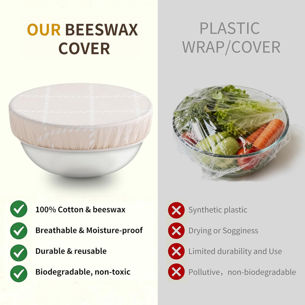 Skiennix Reusable Bowl Covers - 3pc Beeswax Set, 100% Organic Cotton, Elastic Fit for 8/10/12 Inch Bowls
