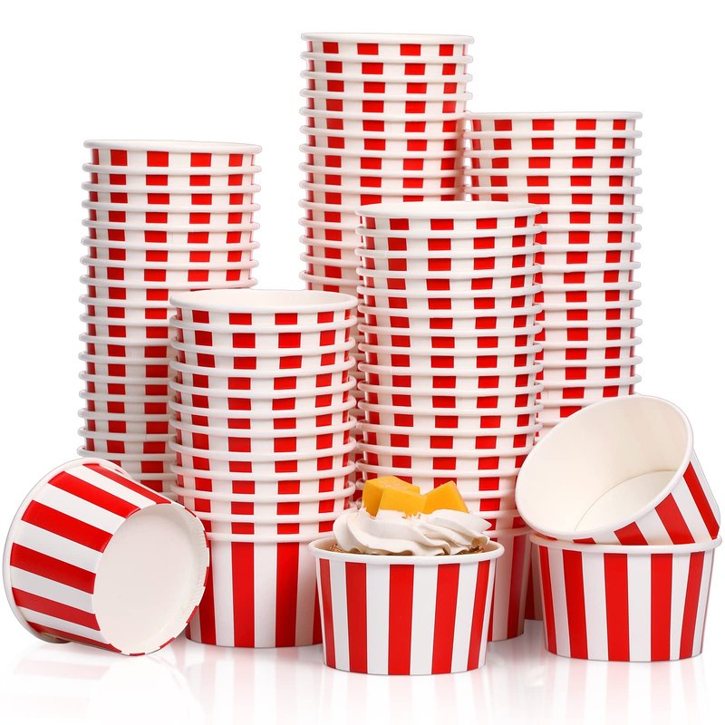 Potchen 200 Pcs Paper Ice Cream Cups 5.5 Ounce Red White Striped Disposable Sundae Bowls Yogurt Dessert Soup Cups for Hot Soup Snack Treat Carnival Theme Party Decorations