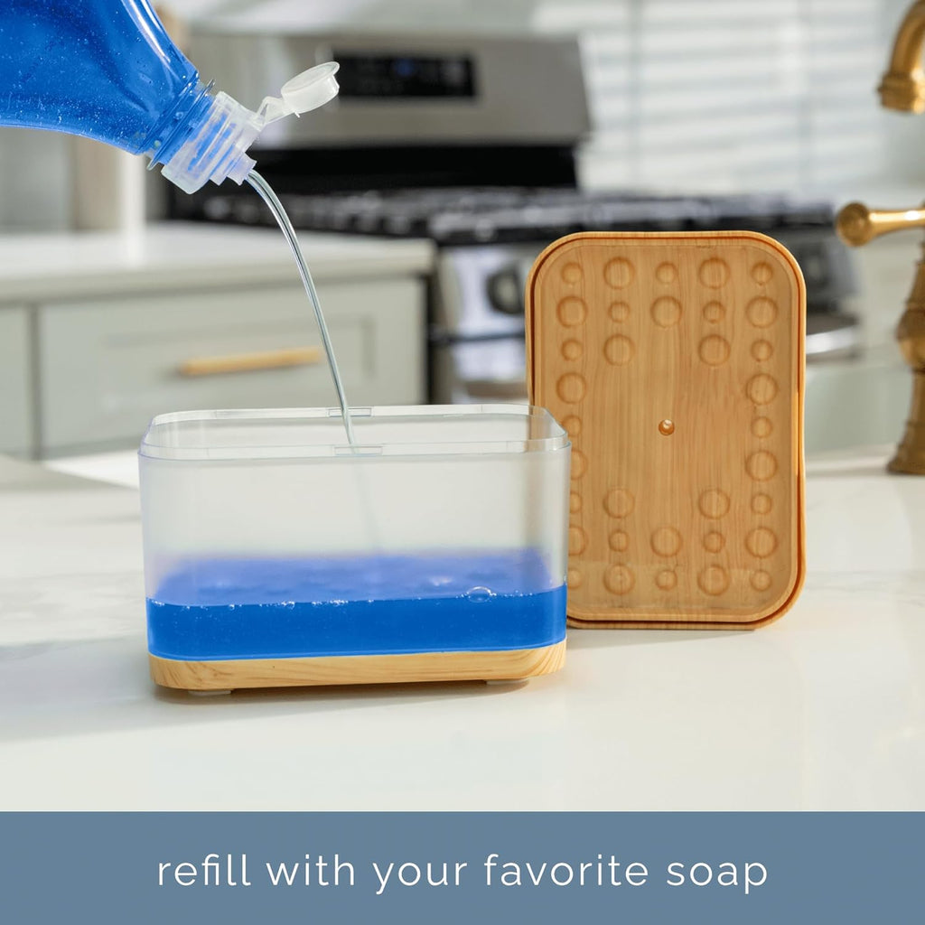 S&T INC. Dish Soap Dispenser - Waterproof Labels & Sponge Holder, 13 Oz Plastic & Bamboo