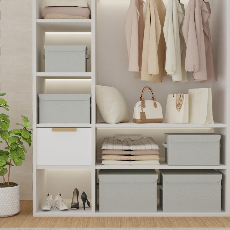 GUOHNHE Storage Bins with Lids for Organizing, Closet Boxes with 2 Carrying Handles and Sturdy Heavy Cardboard, Home Organizers Cubes, 4 Pack, Grey, 15 x 9.8 x 9.8 In, XSNY12GL-4