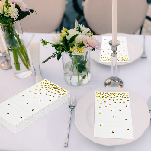 DYLIVeS 100 Pack White and Gold Foil Polka Dots Confetti Guest Towel Napkins, Disposable Xmas Hand Towels Dinner Paper Napkins for Birthday Party, Picnic, Wedding, Christmas Party Supply, 3-Ply