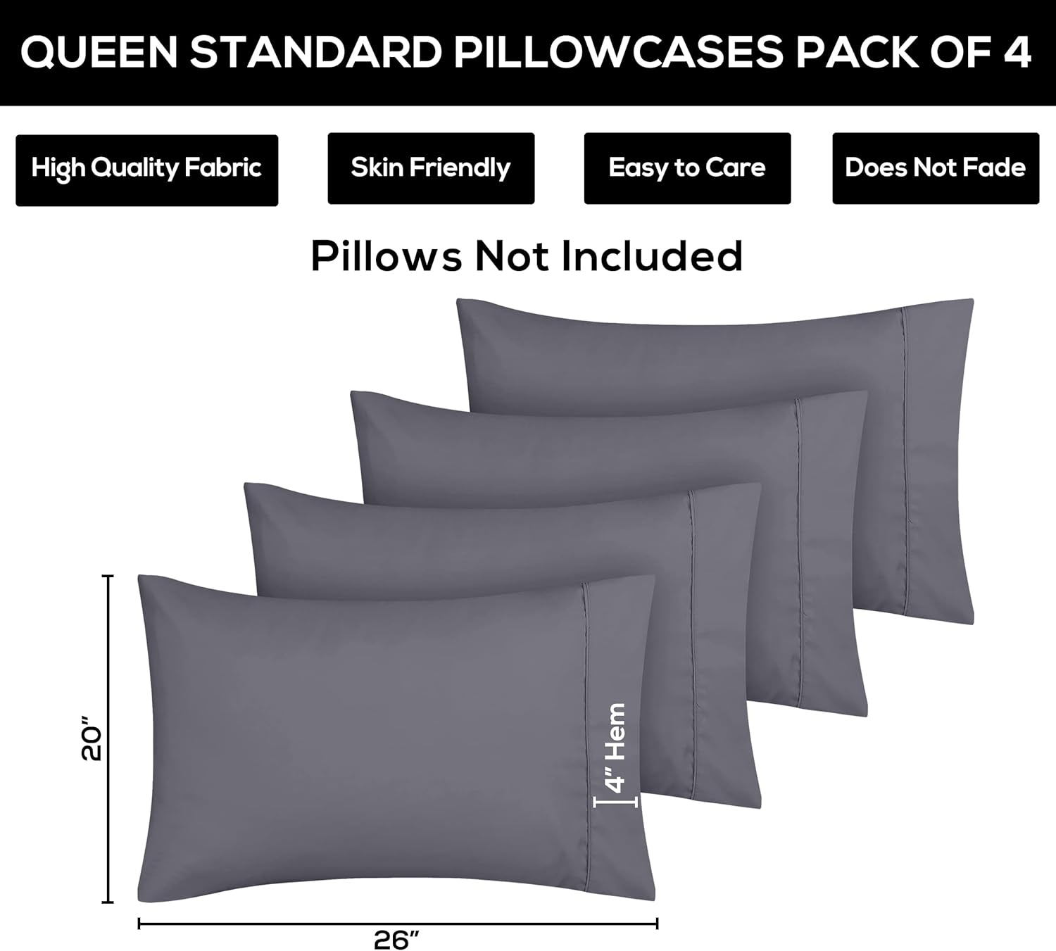 Utopia Bedding Standard Pillow Cases - Soft Brushed Microfiber - 4 Pack | Fade Resistant, 20 x 26 Inches, Grey