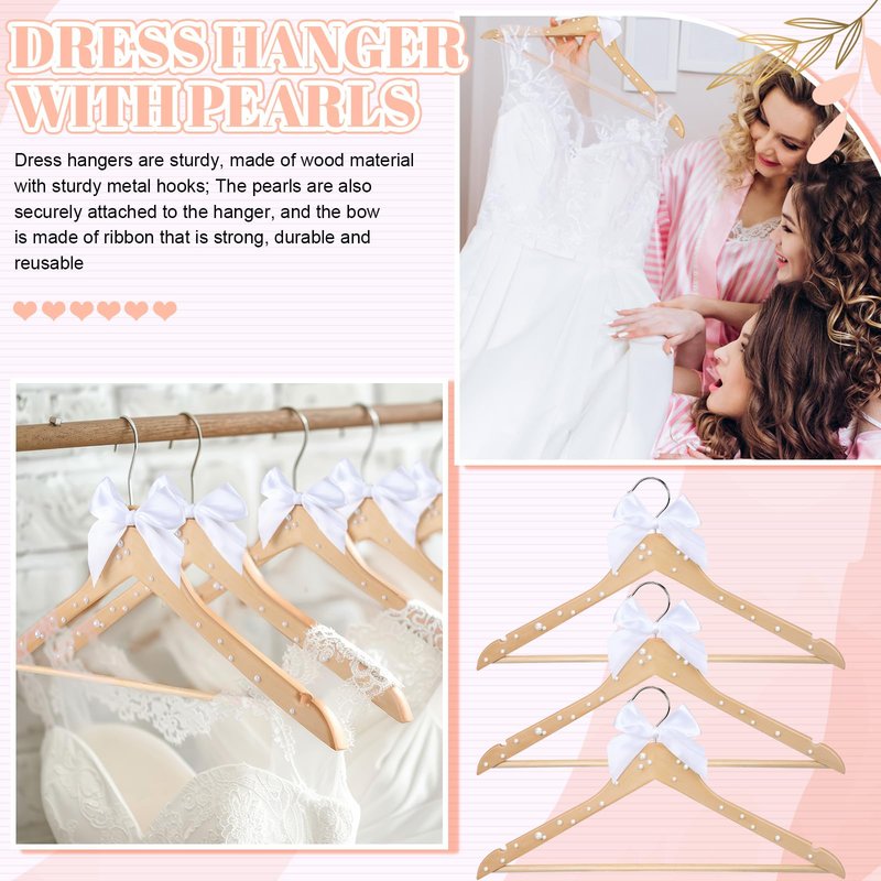 Wonderjune 10 Pcs Bridesmaid Hangers for Wedding Bride Groom Ribbon Bow Pearl Hanger Wood Color Elegant Wooden Dress for Bridal Shower Tuxedo Photo Keepsake Party Gift(Pearl Bow,White)