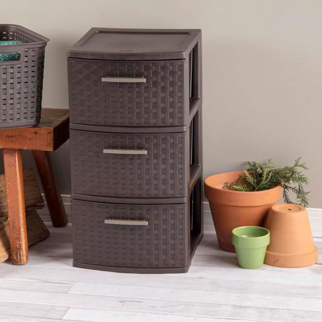 Sterilite 3 Drawer Storage Tower - Decorative Weave Organizer for Dorm, Closet & Craft Room - Espresso Finish