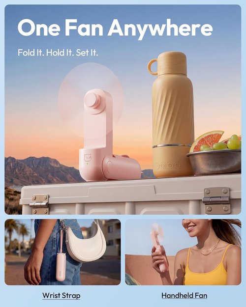 Gaiatop Portable Handheld Fan - 3-in-1 Mini Fan with 17h Max Cooling | USB Rechargeable, Pink Travel Essential