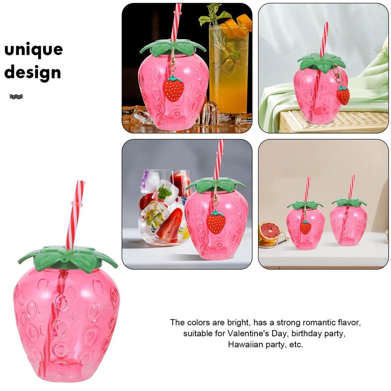 DOITOOL Strawberry Shaped Cups with Lids and Straws 16 Pcs Plastic Strawberry Drinking Tumblers for Girls Portable Milk Tea Cups for Parties and Everyday Use