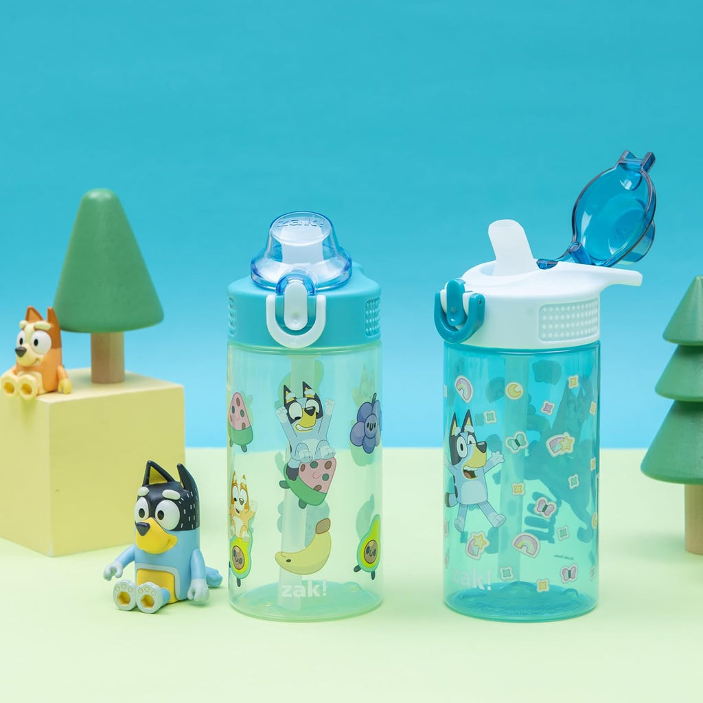 Zak Designs Bluey Sage Kids Water Bottle - 16oz Durable Plastic With Straw & Leak-Proof Cover | 2-Pack Set