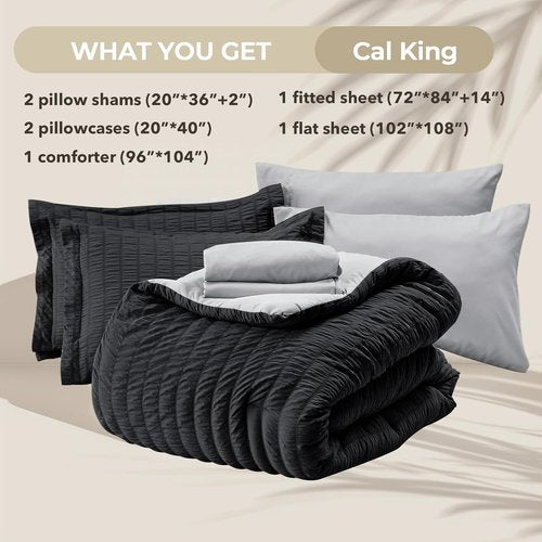 HYMOKEGE California King Comforter Set - Luxurious 7-Piece Seersucker Bedding in Black/Light Grey