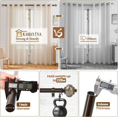 KAMANINA Curtain Rod - 1 Inch Antique Bronze Single Rod for Windows | 32 to 58 Inches (2.6-4.8ft) with Marble Ends