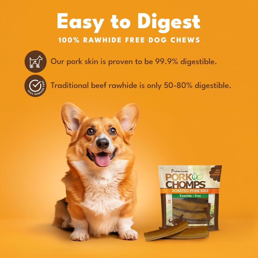 Pork Chomps Roasted Pork Skin Dog Chews - Long-Lasting, High Protein Treats | 6 Inch Rib Shapes, 10 Count