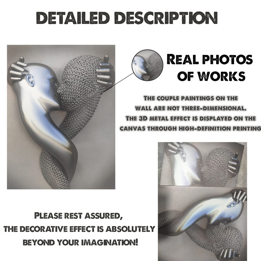 Framed Wall Art for Bedroom 3D Metal Effect Love Heart Couple Wall Art Decor for Living Room 3 Pieces Modern Abstract Grey Black and White Canvas Prints Poster Pictures Paintings for Wall Decorations